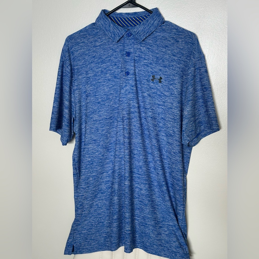 Under Armour Mens Medium - Loose Fit - Heat Gear -Polo Golf Shirt Heathered Blue